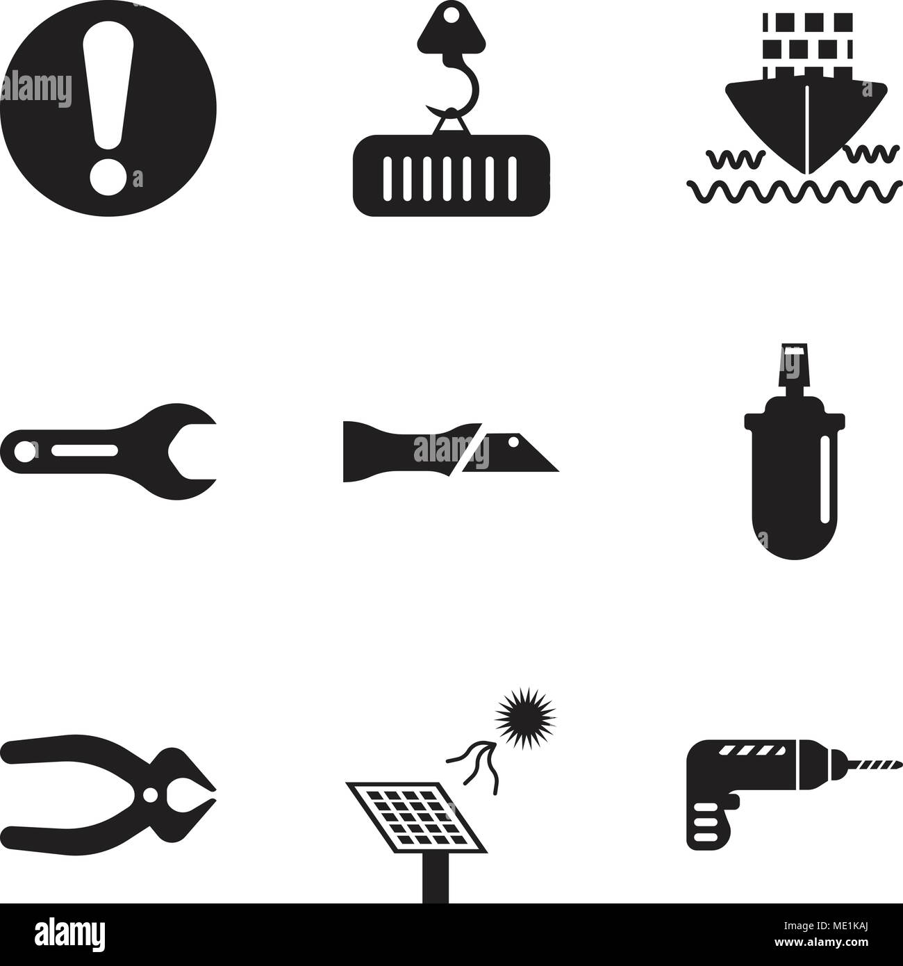 Set Of 9 simple editable icons such as drill, solar battery, nipper, gas can, knife, pipe wrench, ship, crane with load, exclamation, can be used for  Stock Vector