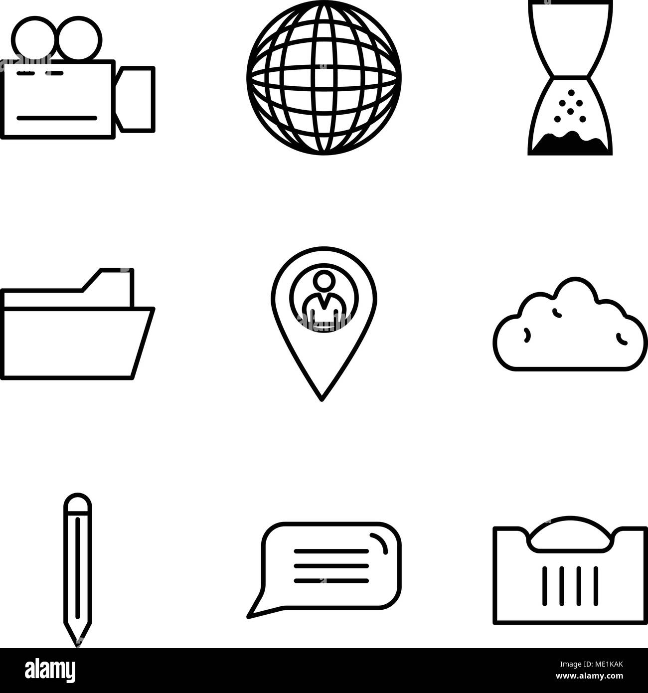 Set Of 9 simple editable icons such as Shopping basket, Speech bubble, Edit tool, Cloud, Location pointer, File folder, Hand pointing to left, Interna Stock Vector