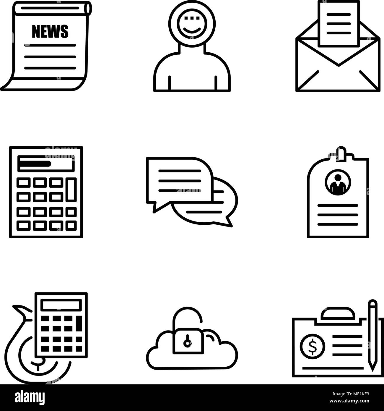 Set Of 9 simple editable icons such as contract, Key data, money calculator, CV, chat, calculator, email, astronaut, newspaper, can be used for mobile Stock Vector
