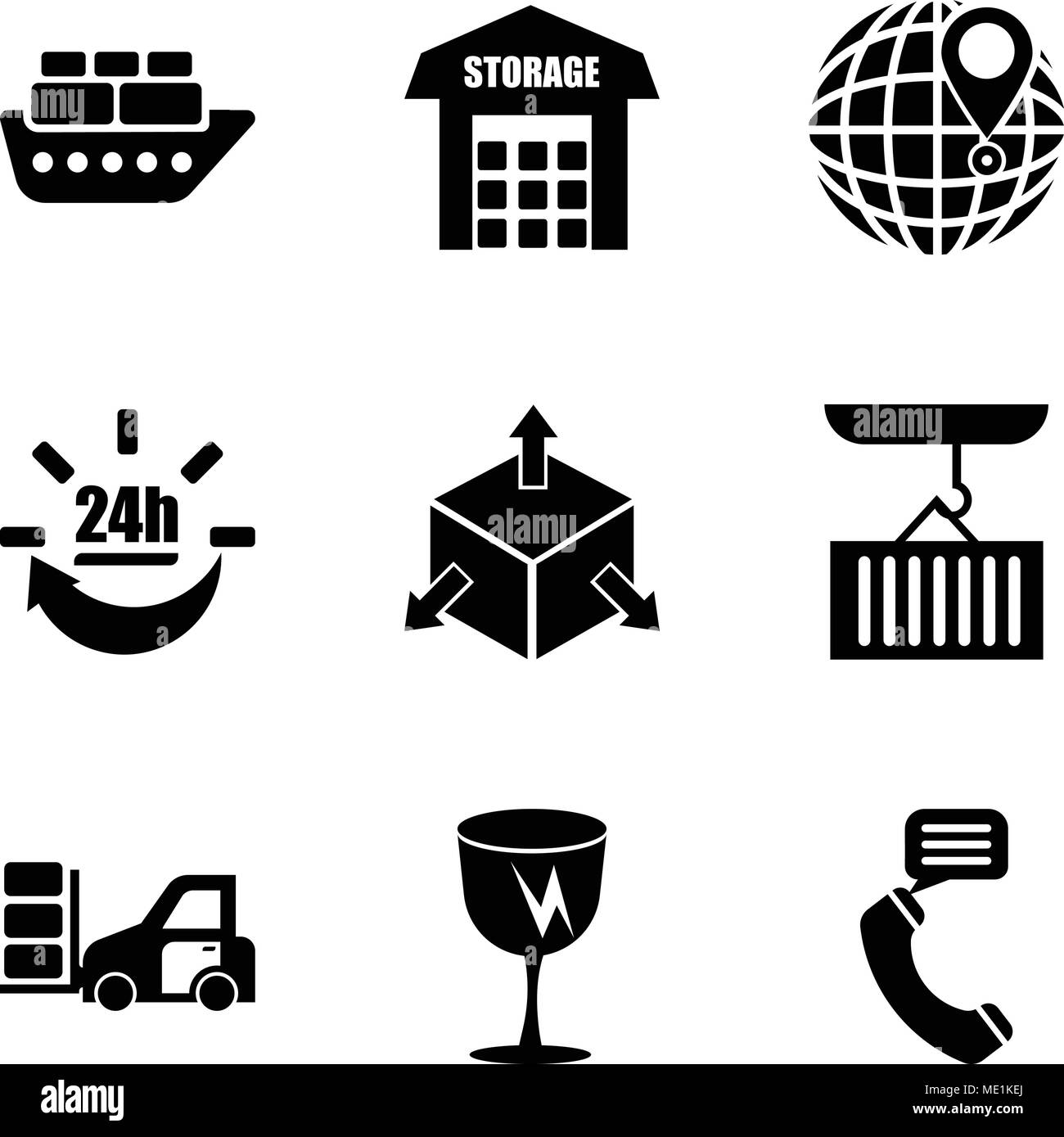 Set Of 9 simple editable icons such as Talking by phone auricular, Fragile broken glass, Packages transportation on a truck, Container hanging of a cr Stock Vector