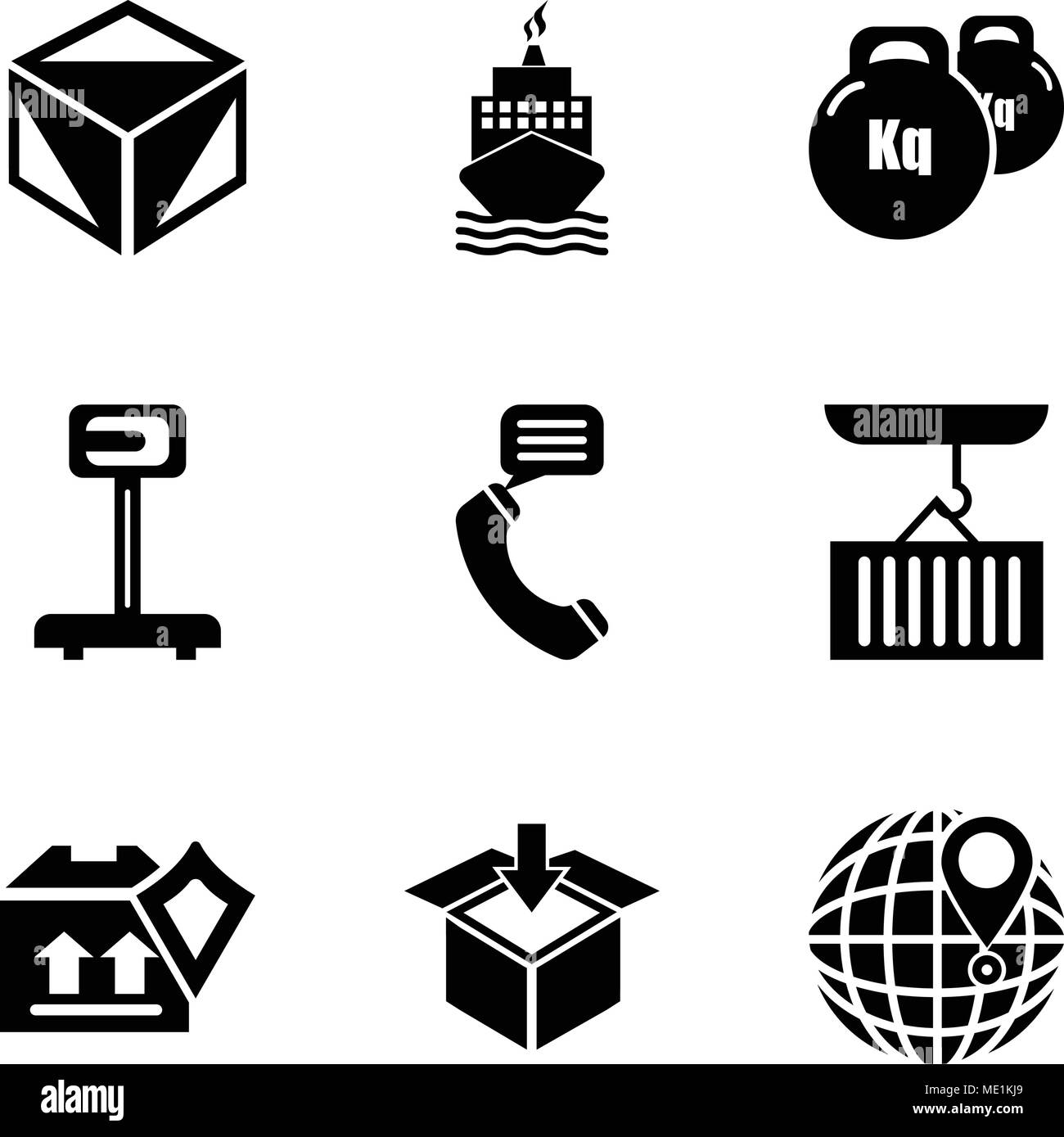 Set Of 9 simple editable icons such as International delivery, Delivery packaging box, Delivery pack security, Container hanging of a crane, Talking b Stock Vector