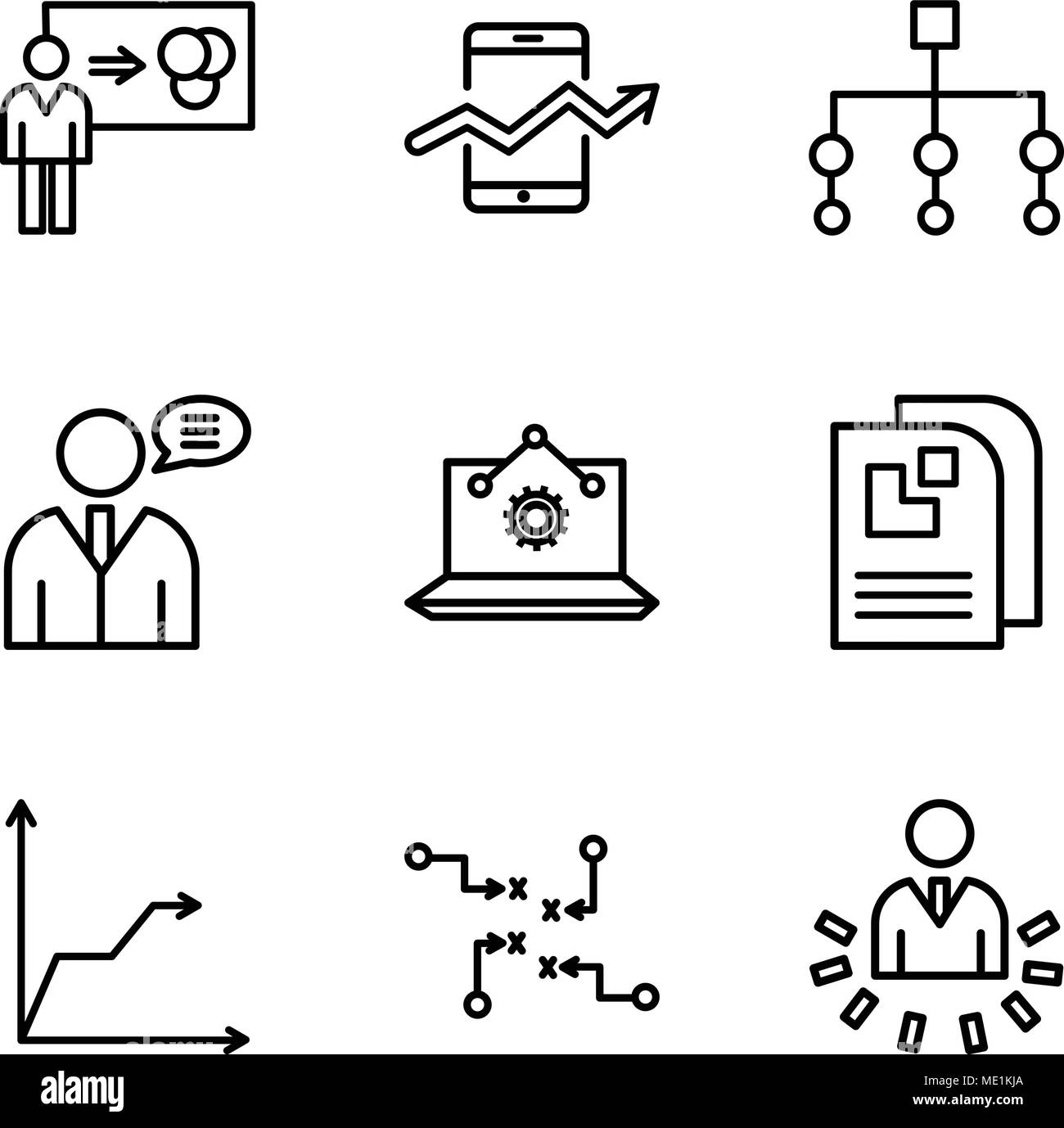 Set Of 9 simple editable icons such as User data analytics, Strategy sketch, Triangular pyramid, Data page, Laptop Analysis, User data speech, Flow ch Stock Vector
