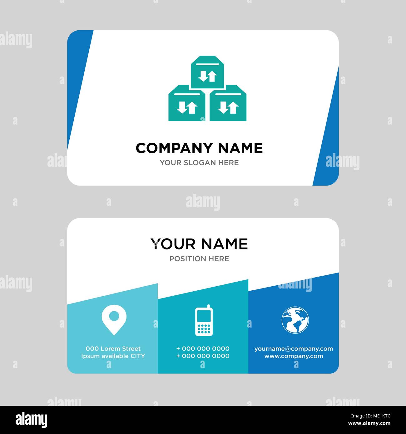 Three sto boxes for delivery business card design template, Visiting for your company, Modern Creative and Clean identity Card Vector Illustration Stock Vector