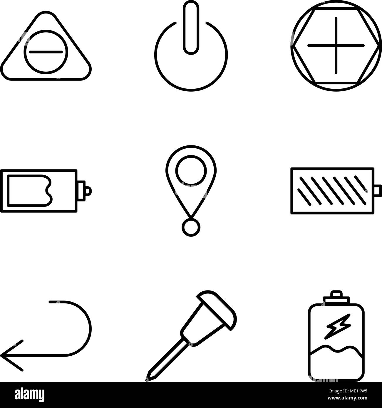 Set Of 9 simple editable icons such as Battery charging, Pushpin, Arrow pointing to left, Battery level, Location pointer, Magic wand, Add tool, Power Stock Vector