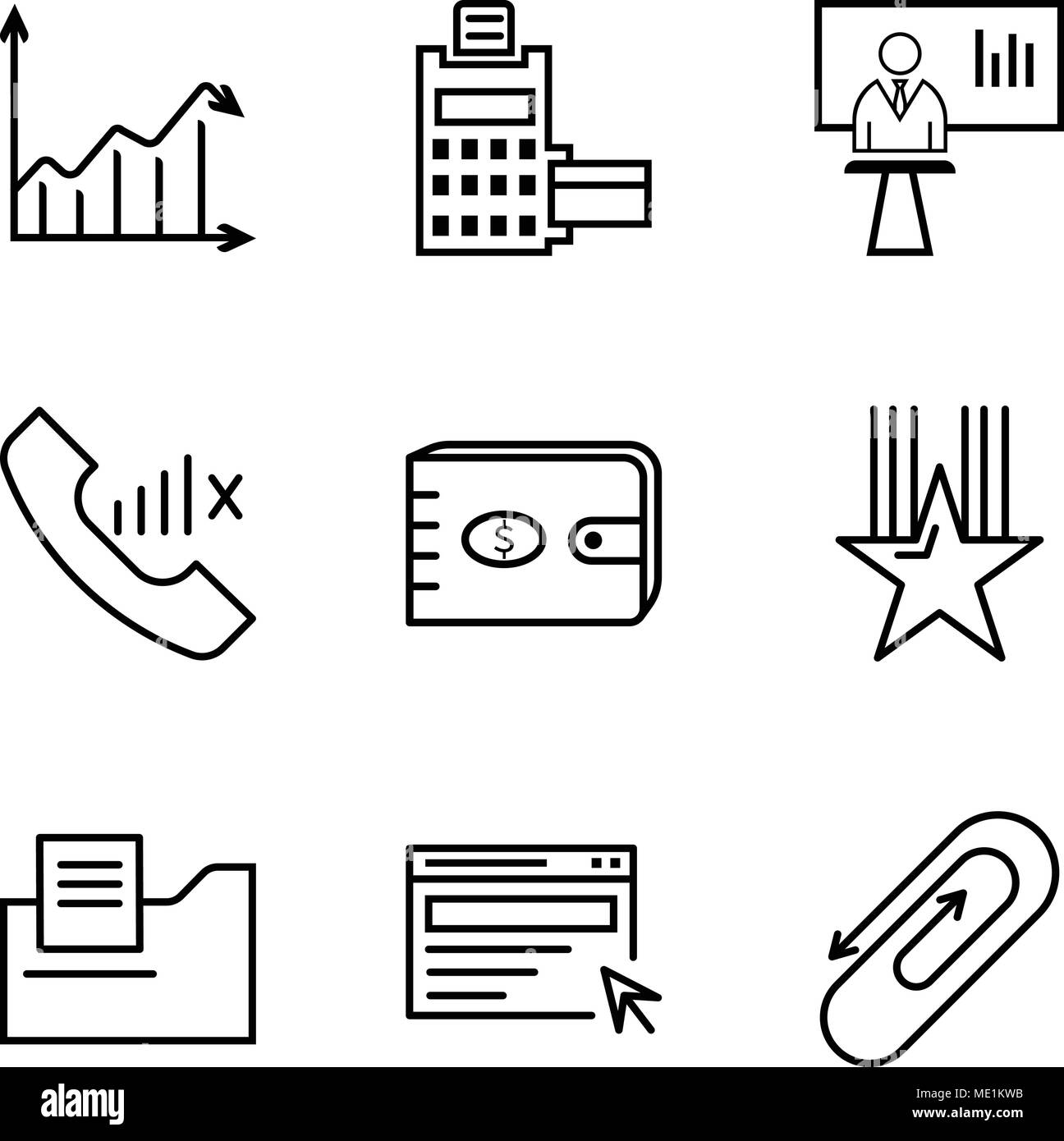 Set Of 9 simple editable icons such as clip, search, document folder, star, purse, slow network, news presenter, pos terminal, Arrow analytc, can be u Stock Vector