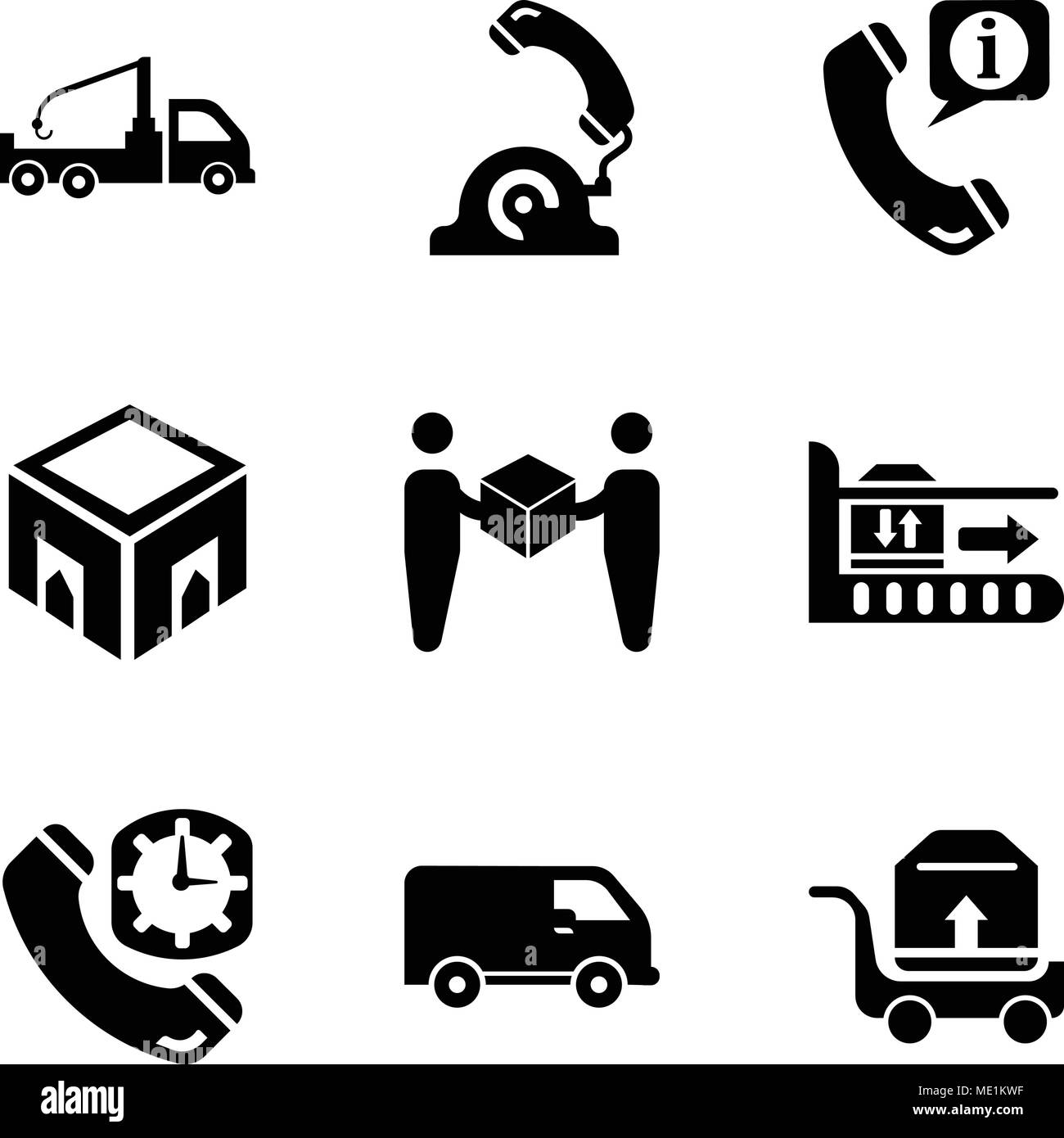 Set Of 9 simple editable icons such as Package transportation on a trolley, Black delivery small truck side view, Phone auricular and clock delivery,  Stock Vector