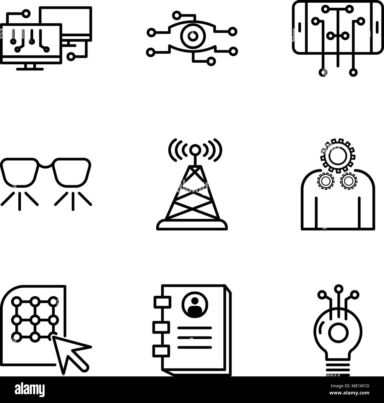 Set Of 9 simple editable icons such as Idea, Contact book, Click, Settings, Antenna, Ar glasses, Smartphone, Analysis, Network, can be used for mobile Stock Vector