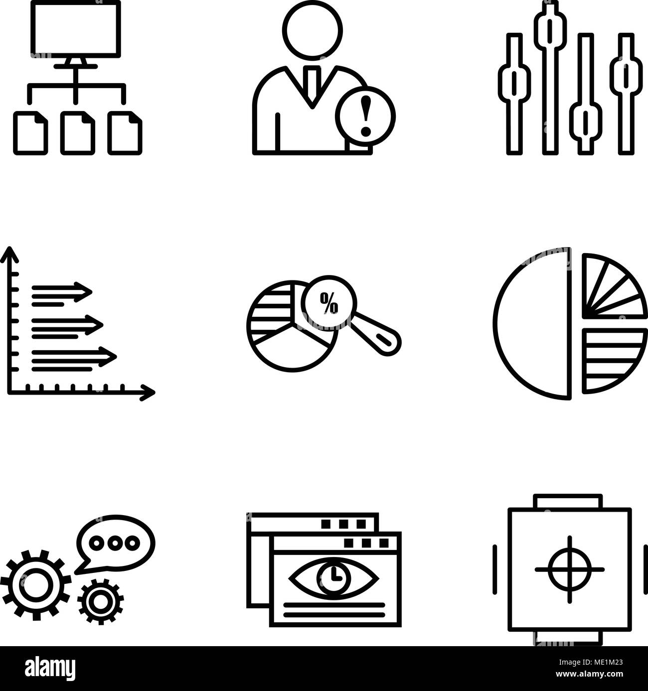 Set Of 9 simple editable icons such as Safe box, Data viewer, 3d data analytics, Simple chart, Pie chart analysis, Analytics, Box plot chart, Data ana Stock Vector