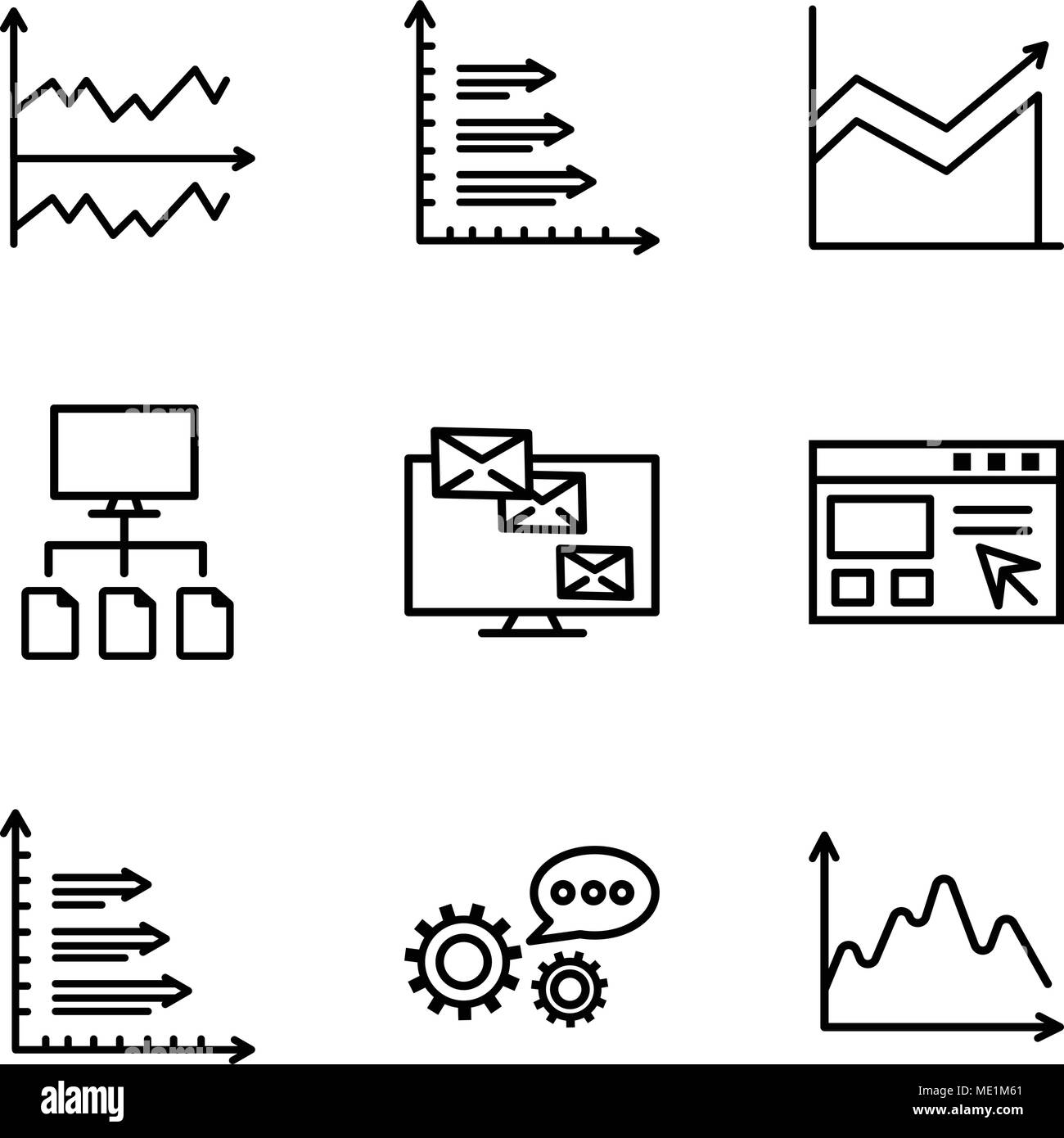 Set Of 9 simple editable icons such as Data, 3d data analytics, Bars, Data import interface, Monitor analytic, Data flow, Analytics, Chart, can be use Stock Vector