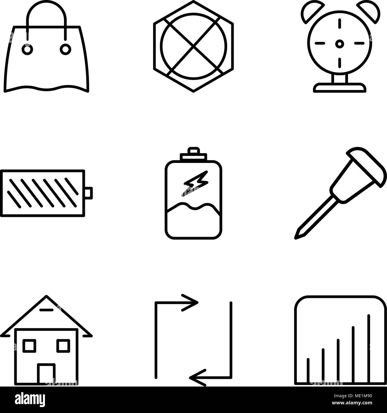 Set Of 9 simple editable icons such as Coverage level, Update arrows, Homepage, Pushpin, Battery charging, Battery level, Alarm clock, Arrow pointing  Stock Vector