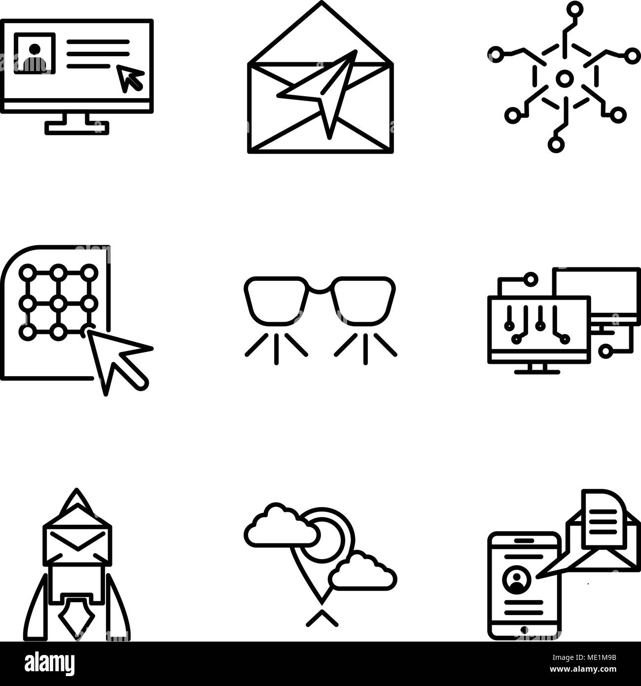 Set Of 9 simple editable icons such as Mail and spartphone, Placeholder, Email, Network, Ar glasses, Click, Analytics, Mail, Laptop and cursor, can be Stock Vector