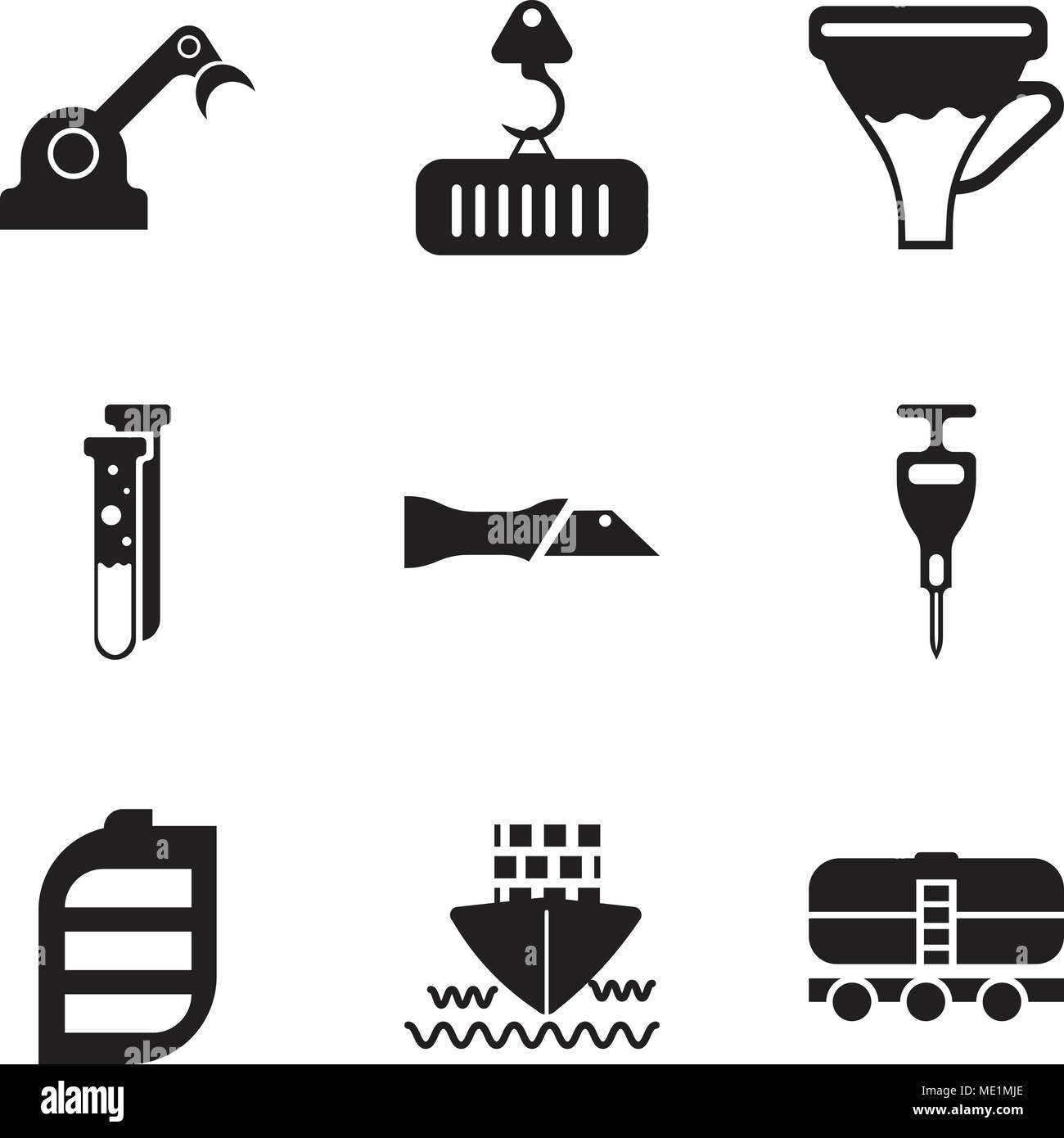 Set Of 9 simple editable icons such as train, ship, battery, puncher, knife, capsule, funnel, crane with load, jenny, can be used for mobile, web UI Stock Vector