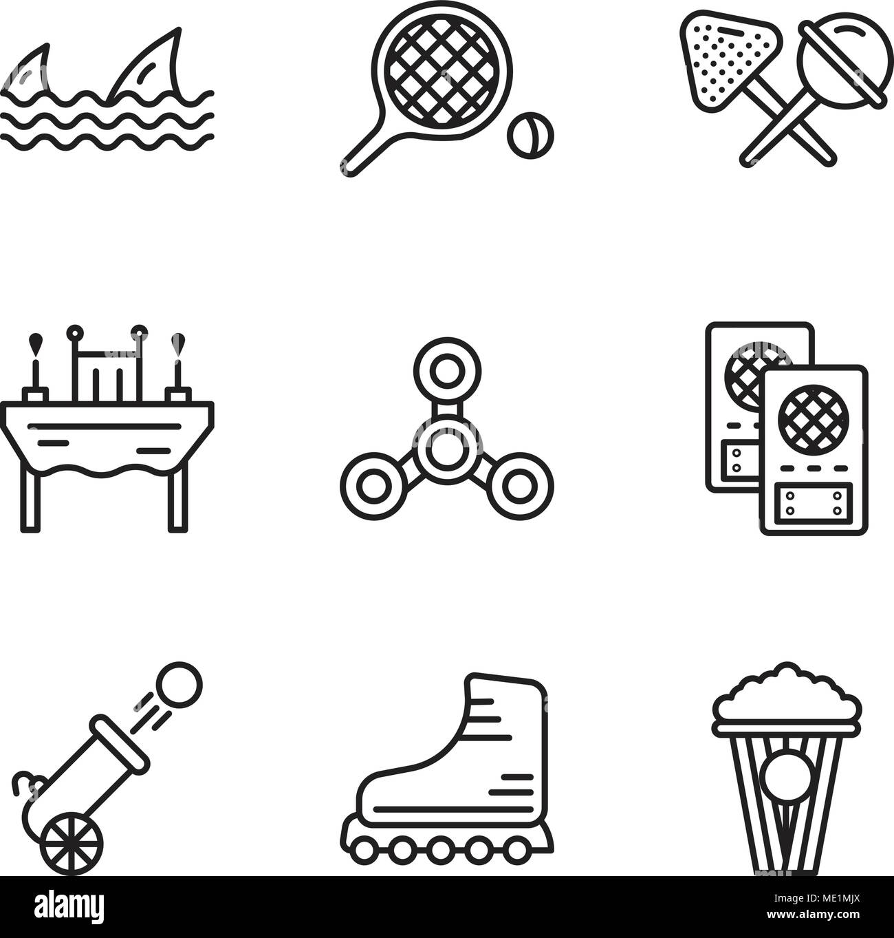 Set Of 9 simple editable icons such as Popcorn, Rollers, Cannon, Loudspeaker, Drone, Dinner, Candy, Table tennis, Sharks, can be used for mobile, web  Stock Vector