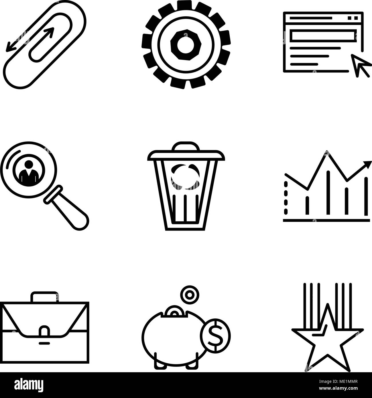 Set Of 9 simple editable icons such as star, money box, portfolio, statistic, trash, search person, search, setting, clip, can be used for mobile, web Stock Vector