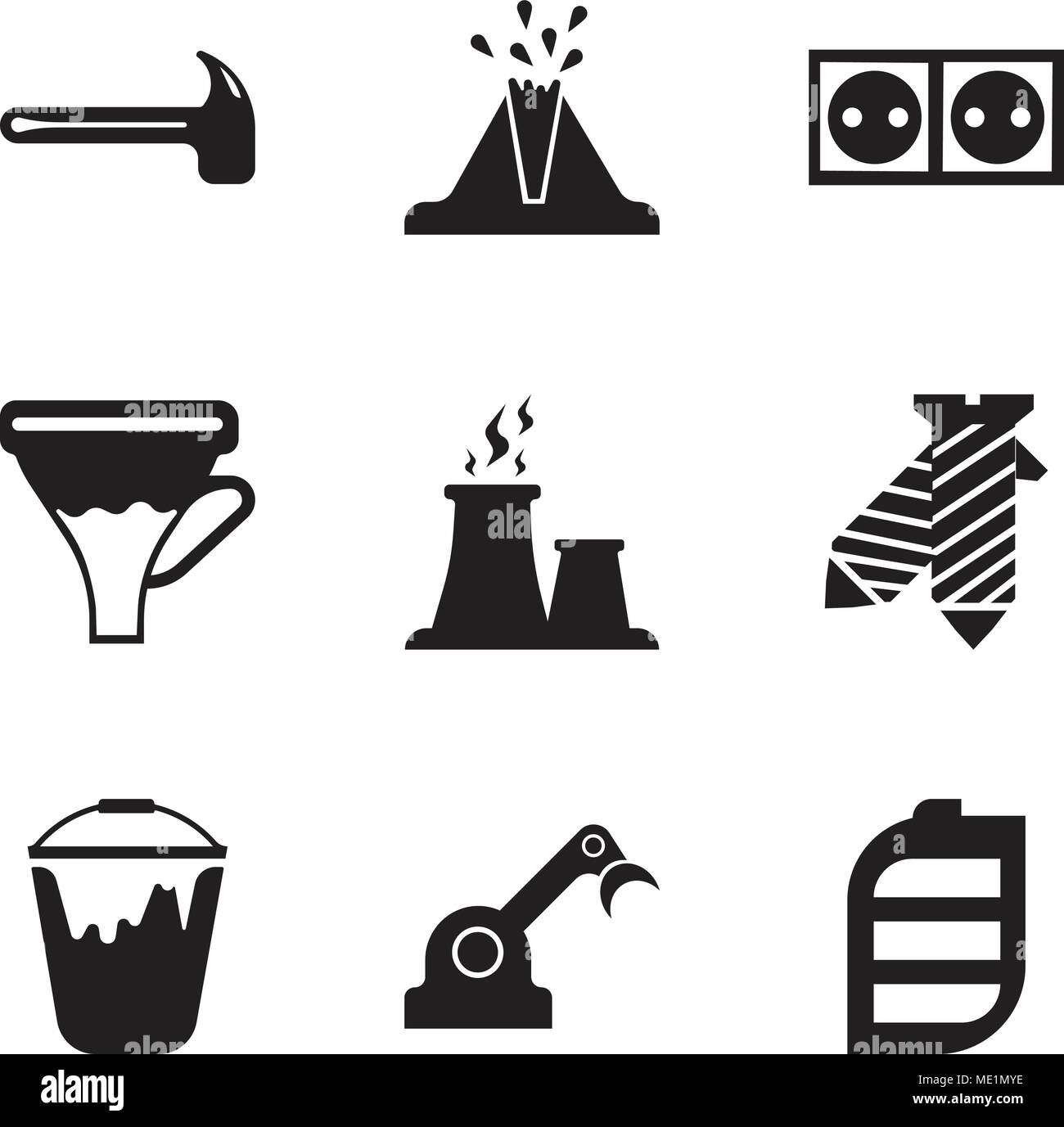 Set Of 9 simple editable icons such as battery, jenny, colour bucket, tie, fabric steam, funnel, socket, volcano, hammer, can be used for mobile, web  Stock Vector