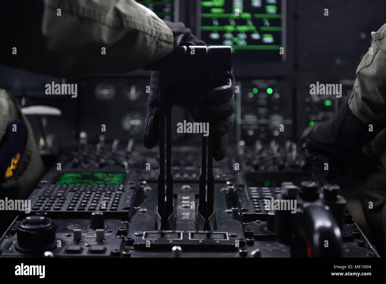 Royal Australian Air Force Flight Lt. Nina Carpenter, 37th Squadron pilot, and Flight Lt. Eleanor Bradshaw, 37th Squadron copilot, prepare for takeoff April 13, 2018, at Little Rock Air Force Base, Ark. Carpenter and Bradshaw flew their crew to Alexandria, La., to participate in the joint training exercise Green Flag Little Rock 18-06. (U.S. Air Force photo by Airman 1st Class Kristine M. Gruwell) Stock Photo