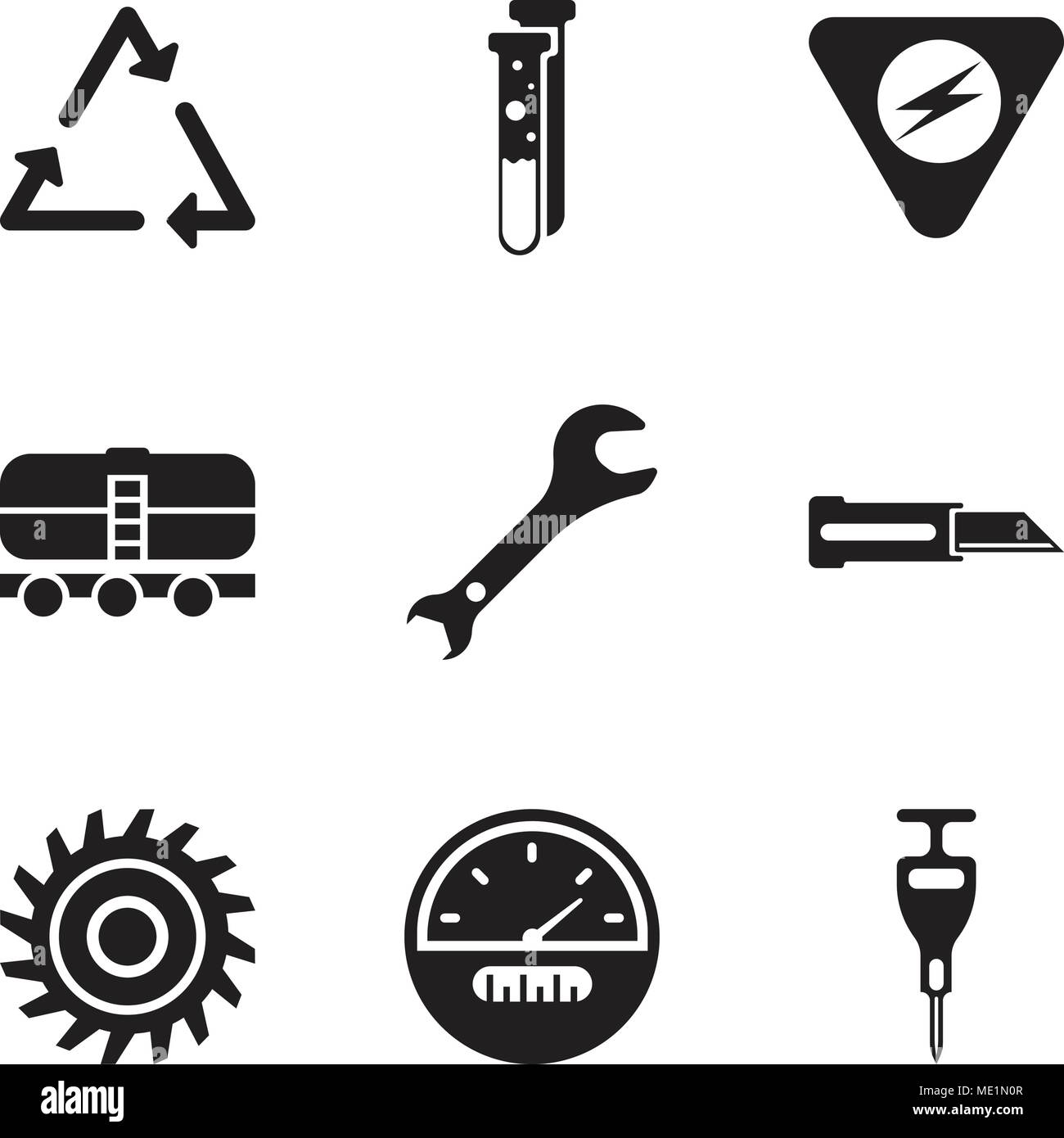 Set Of 9 simple editable icons such as puncher, speedometer, saw blade, knife, adjustable wrench, train, danger, capsule, triangle, can be used for mo Stock Vector