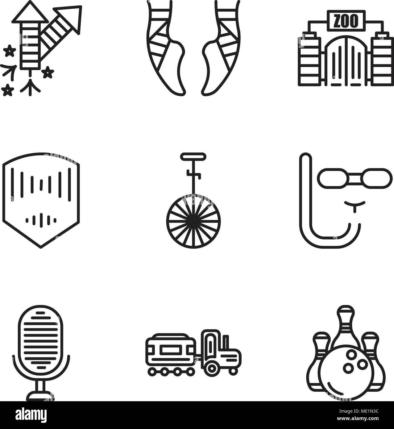 Set Of 9 simple editable icons such as Bowling, Kid, Microphone, Diving mask, Circus, Mask, Zoo, Ballet, Fireworks, can be used for mobile, web UI Stock Vector