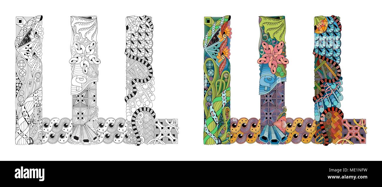 Handpainted art design. Letter cyrillic zentangle object. Colored and