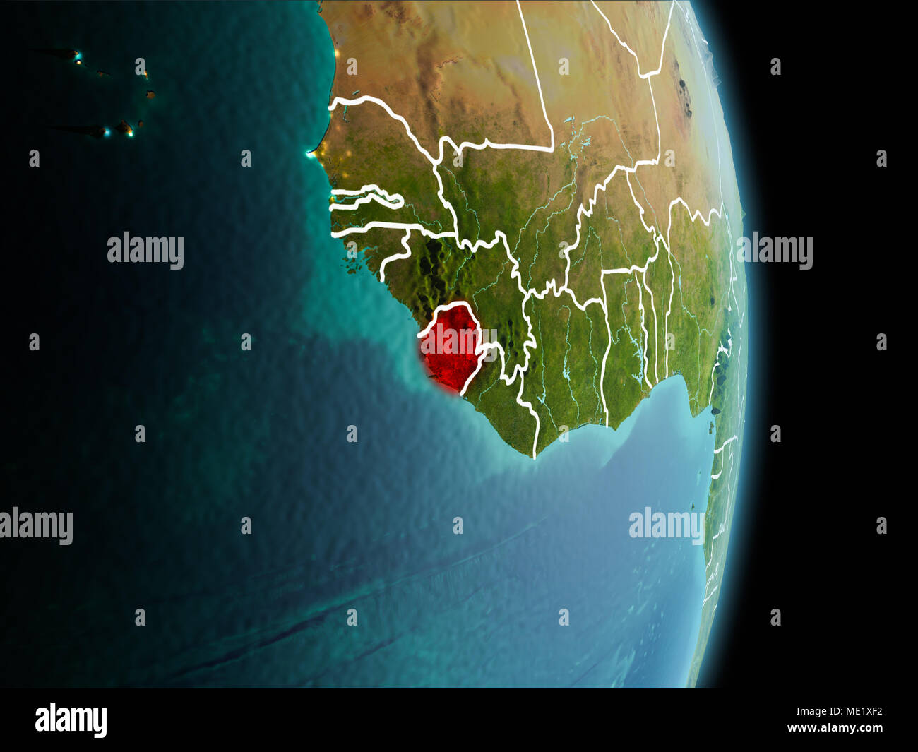 Satellite morning view of Sierra Leone highlighted in red on planet ...