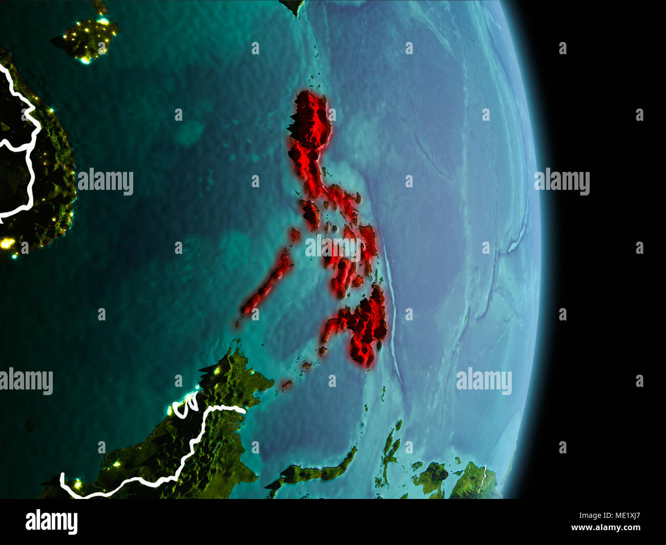 Satellite morning view of Philippines highlighted in red on planet ...