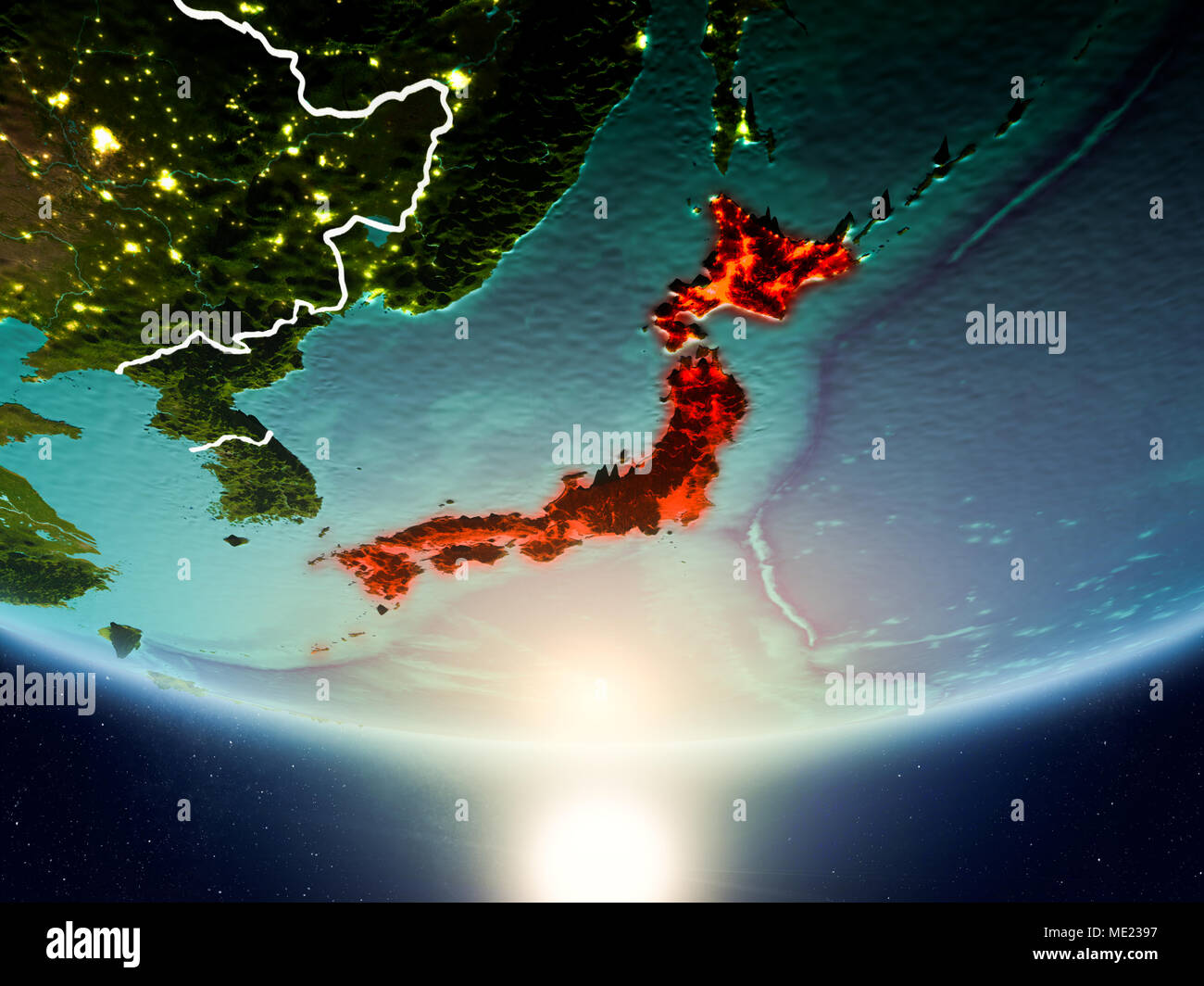 Japan from orbit of planet Earth in sunrise with highly detailed ...