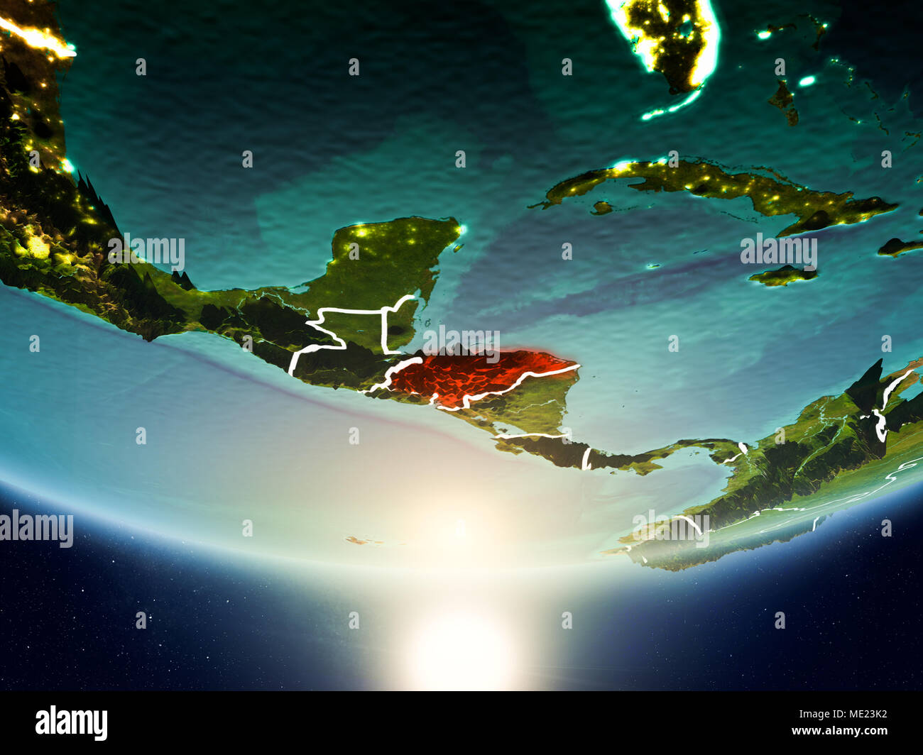 Honduras from orbit of planet Earth in sunrise with highly detailed ...