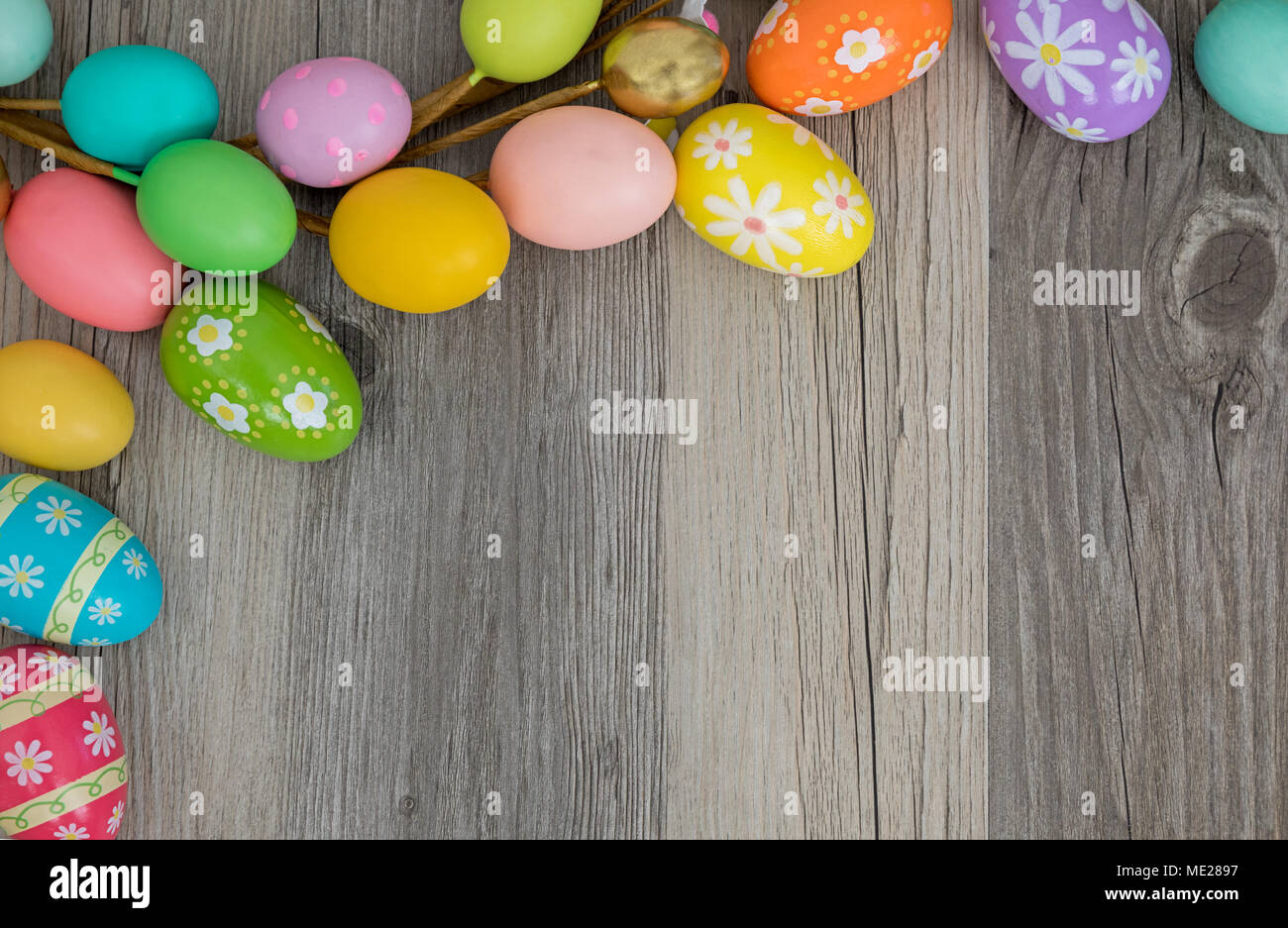 Easter eggs, multicolored, on wooden ground Stock Photo