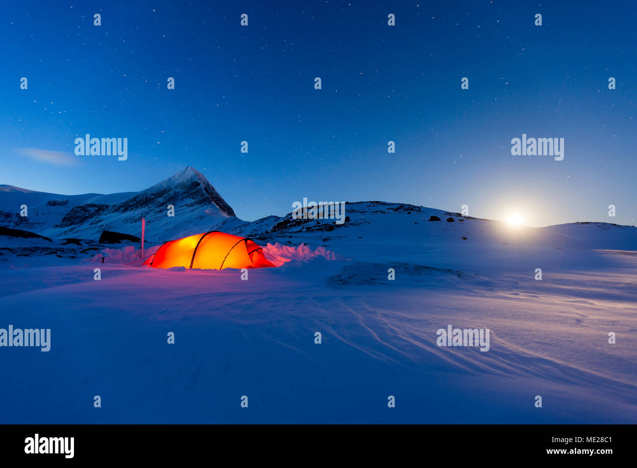 Tent by full moon in the snow, Kungsleden or king's trail, Province of Lapland, Sweden, Scandinavia Stock Photo