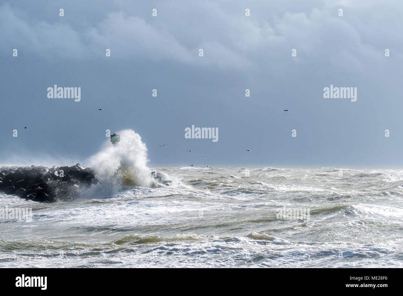 Mole with spray in strong winds and waves, North Sea, Hvide Sande, Syddanmark, Denmark Stock Photo