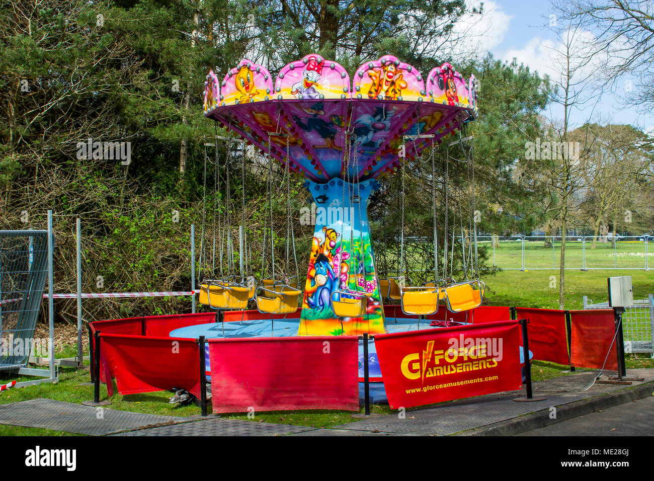 20 April 2018 An infant's carousel ride in course of construction on the preparation day for the annual Spring Festival  in Barnett's Demesne Belfast Stock Photo