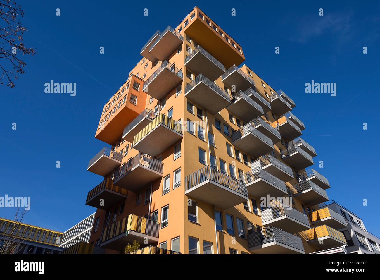 Modern architecture, apartment tower with balconies, Munich, Germany