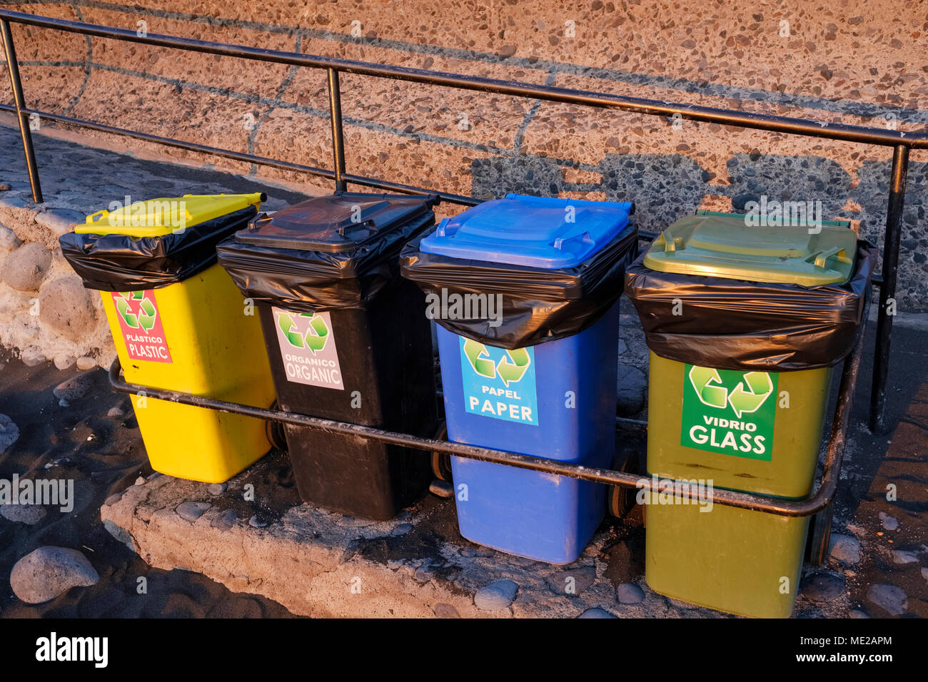 4 waste bins for sorting, La Playa, Valle Gran Rey, La Gomera, Canary Islands, Spain Stock Photo