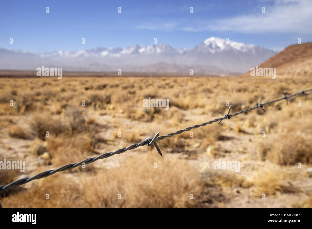 barbed wire fence strand with dry fields and distant mountains with shallow depth of field Stock Photo