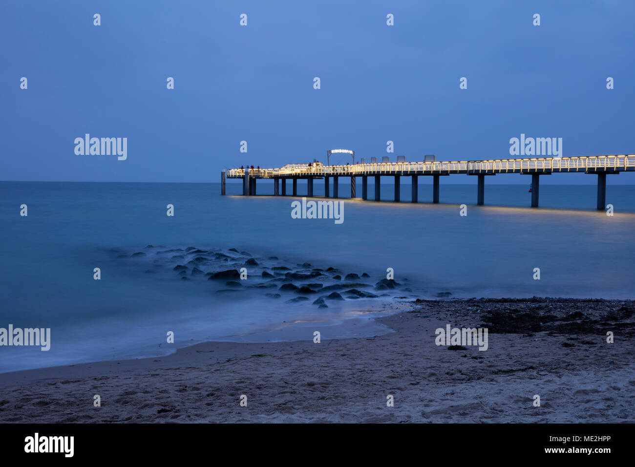 Illuminated pier, Niendorf, Baltic Sea, Timmendorfer Strand, Lübeck Bay, Schleswig-Holstein, Germany Stock Photo