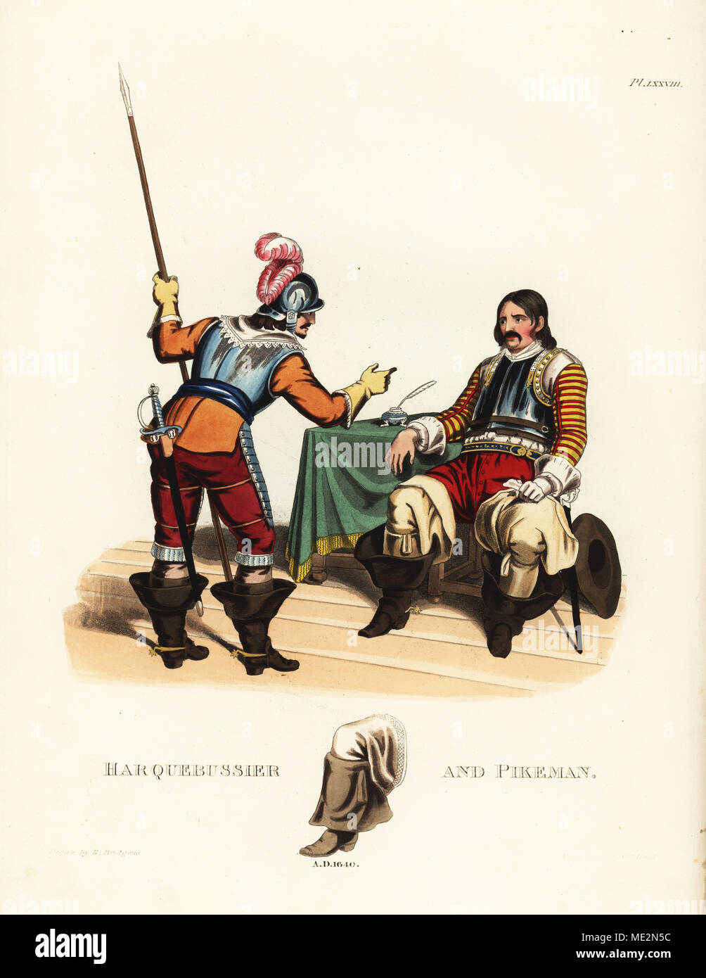 Harquebussier and pikeman, 1640. Pikeman in helmet and cuirass, doublet, breeches, boots, holding a pike. Officer of pistoliers in cuirass, doublet, breeches, boots with large linen guards. Handcoloured lithograph by Maddocks after an illustration by S.R. Meyrick from Sir Samuel Rush Meyrick's A Critical Inquiry into Antient Armour, John Dowding, London, 1842. Stock Photo