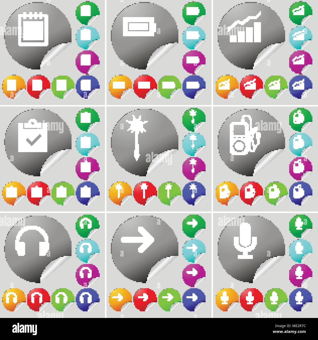 Notebook, Battery, Diagram, Survey, Mace, MP3 player, Headphones, Arrow  right, Microphone sign icon. A set of seventy two colorful round buttons,  stic Stock Vector Image & Art - Alamy