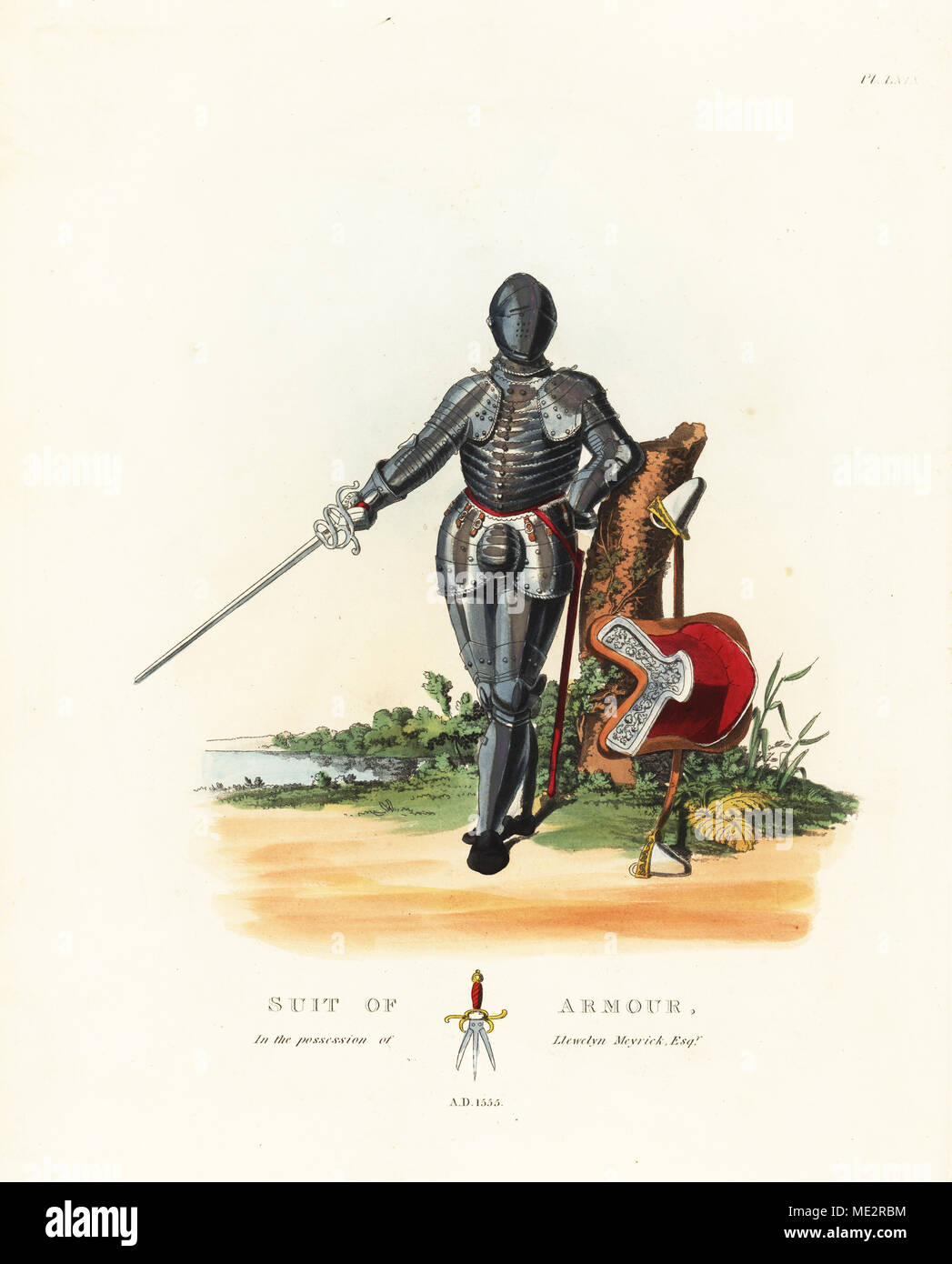 Suit of armour of an Italian man at arms of Count Gironi, Bologna, 1555. The suit has flexible splints at elbows, breastplate and backplate, and a flexible codpiece for comfort when seated in the saddle. Geman pennated dagger at bottom. Handcoloured lithograph by Maddocks after an illustration by S.R. Meyrick from Sir Samuel Rush Meyrick's A Critical Inquiry into Antient Armour, John Dowding, London, 1842. Stock Photo