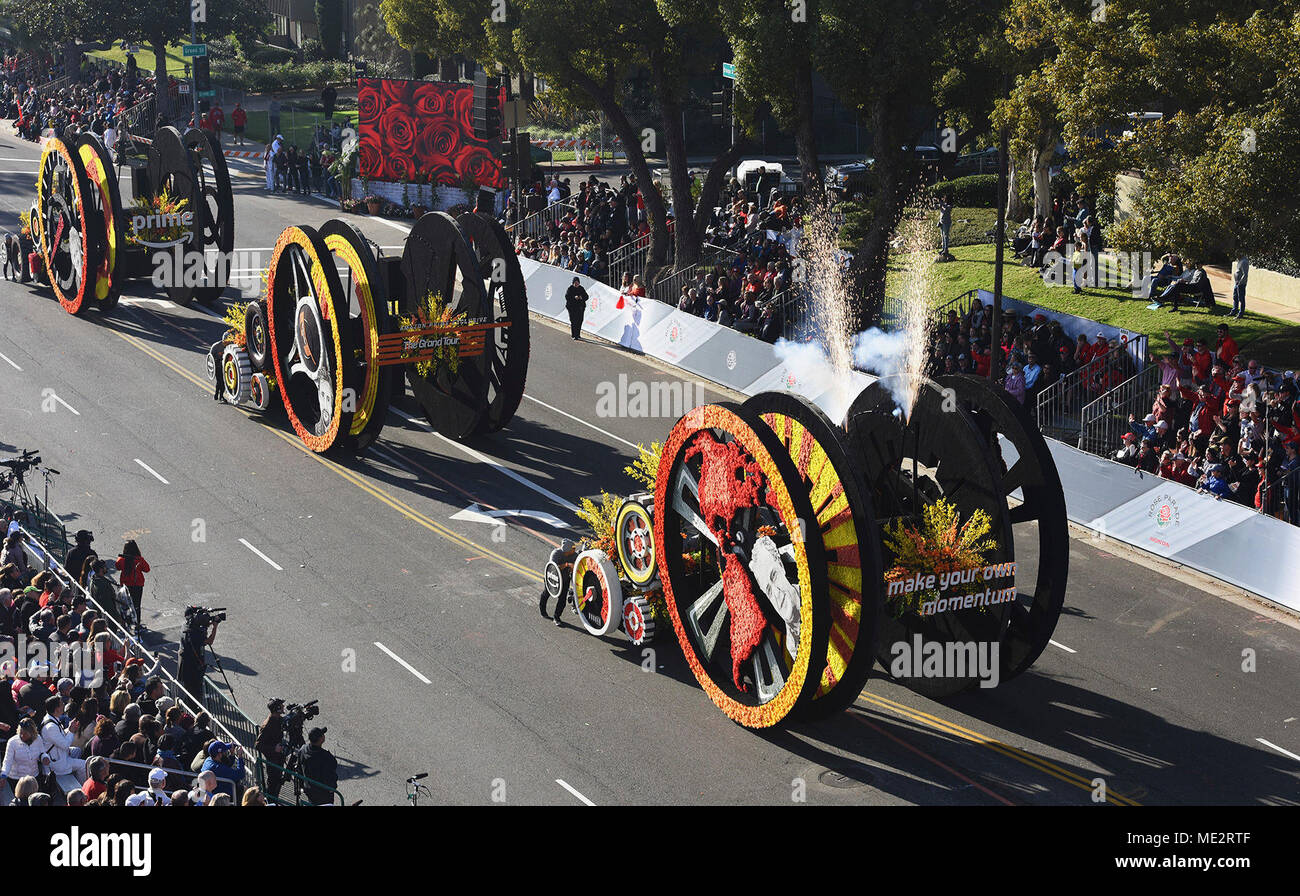 The Amazon Prime Exclusive Series float participates in the 129th Rose  Parade in Pasadena, Calif., Jan. 1, 2018. With three human-powered units,  the wheels were pushed 5.5 miles through the parade route.