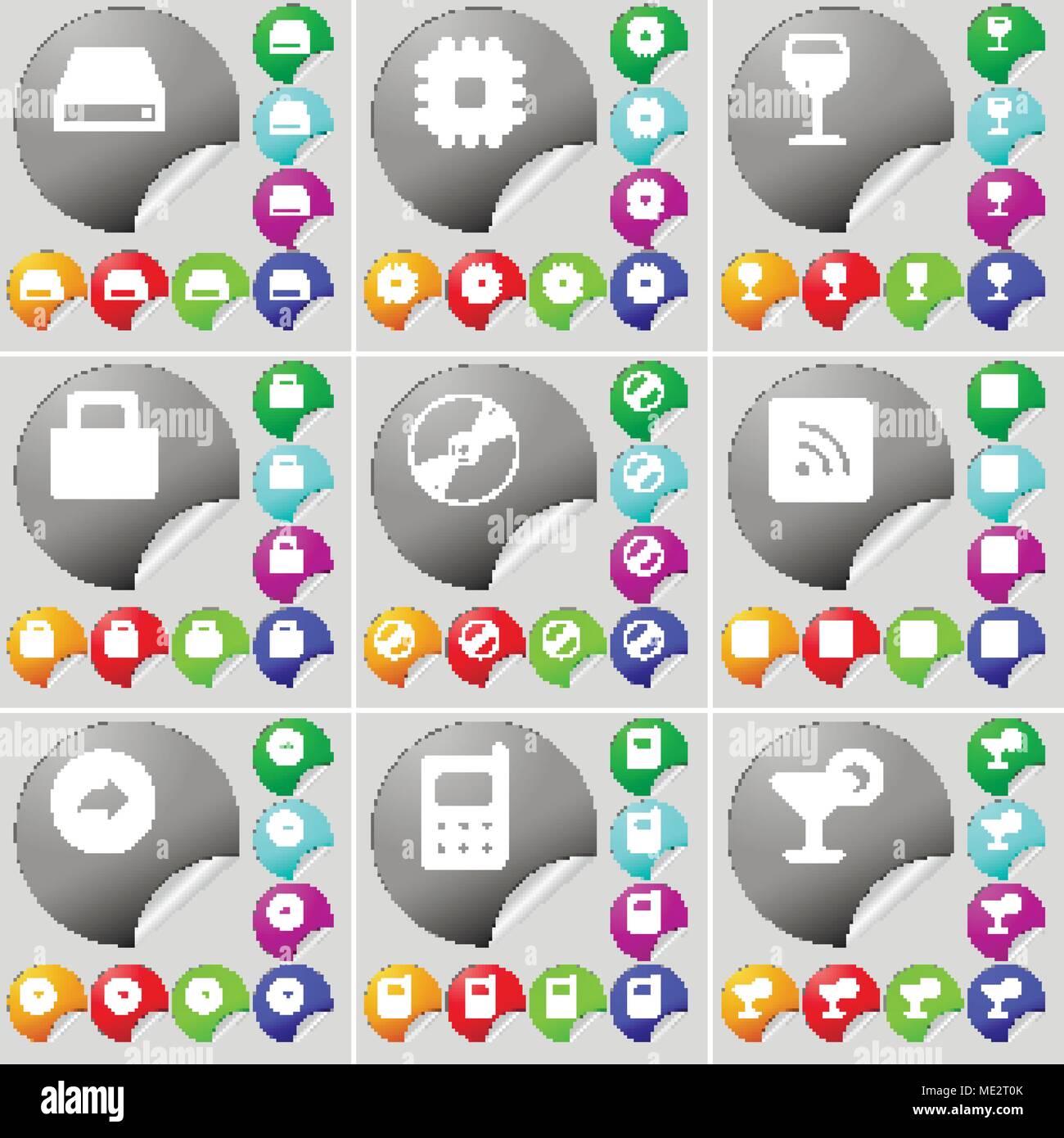 Hard drive, Processor, Wineglass, Lock, Disk, RSS, Redo, Mobile phone, Cocktail sign icon. A set of seventy two colorful round buttons, stickers. Vect Stock Vector