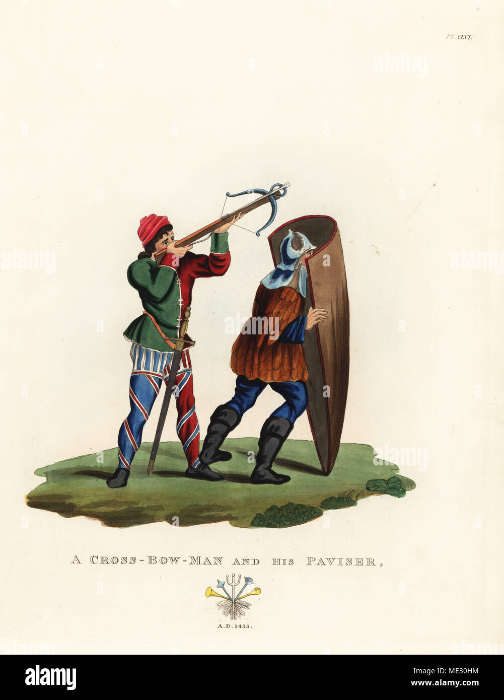 A crossbowman and his paviser, 1433. Arbalest in jacket and multicoloured clothes from the Chronique d'Engleterre, and his guard with a pavise in monstrous jacque over chainmail sleeves and gorget from a copy of the Roman de la Rose. Handcoloured lithograph after an illustration by S.R. Meyrick from Sir Samuel Rush Meyrick's A Critical Inquiry into Antient Armour, John Dowding, London, 1842. Stock Photo