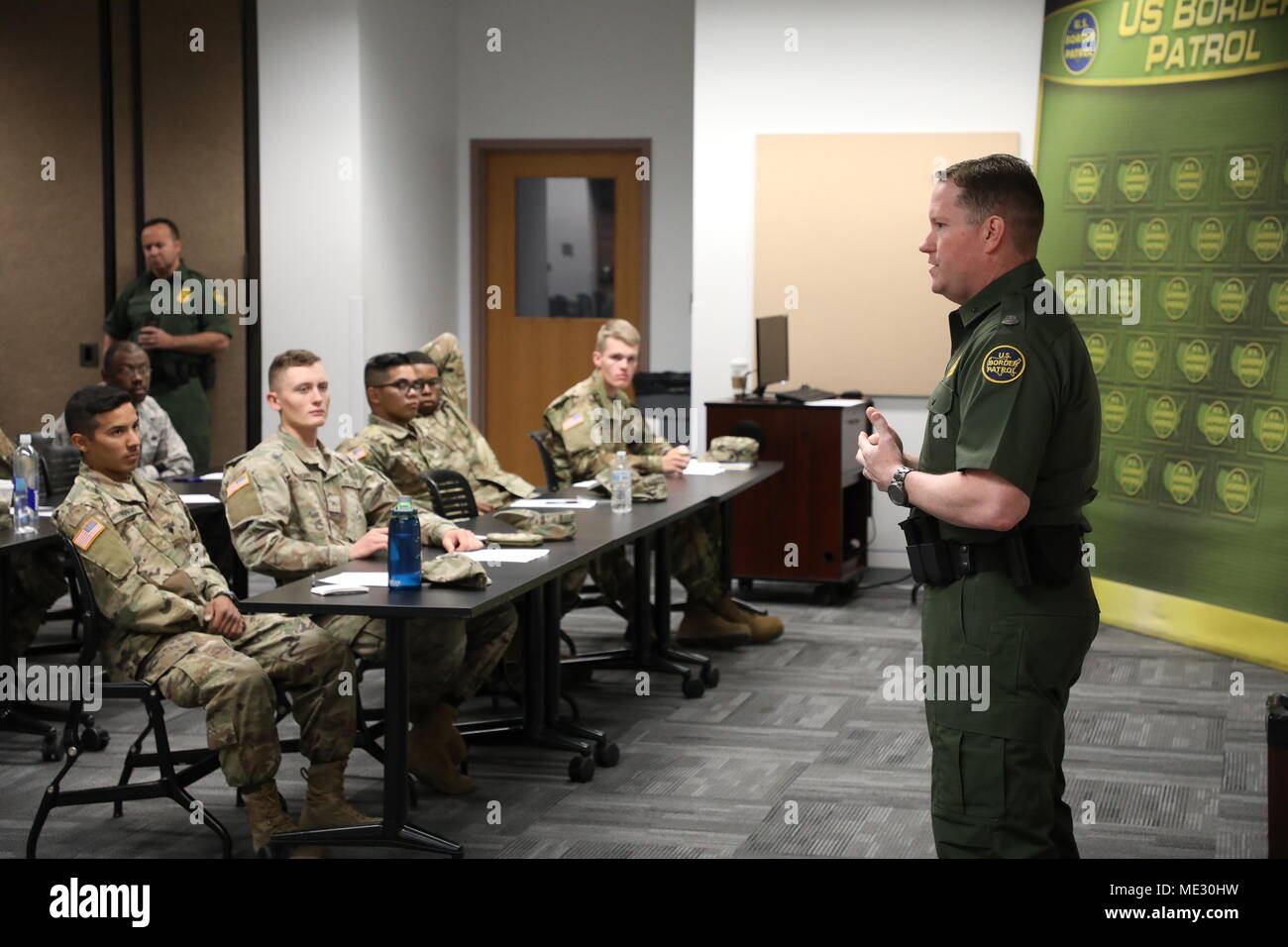 U.S. Border Patrol Deputy Chief Patrol Agent Carl Landrum welcomes National Guard Soldiers who arrived at U.S. Border Patrol Yuma Sector, April 18, 2018.  (Division Chief Travis Darling in background.) Stock Photo