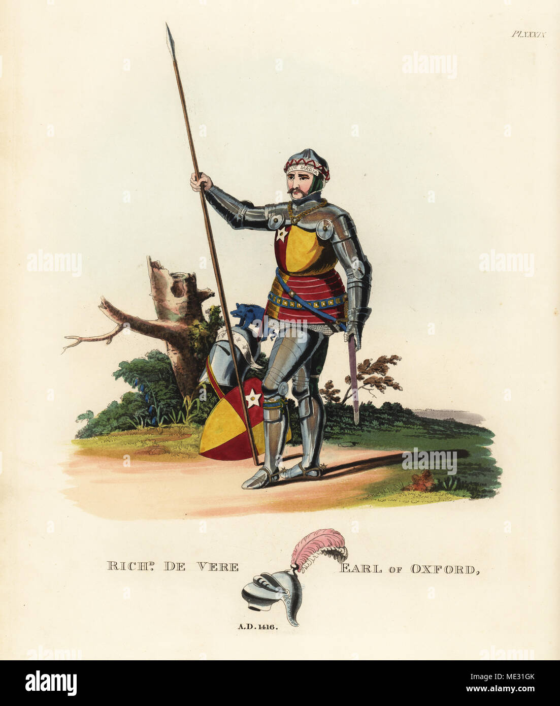 Richard de Vere, 11th Earl of Oxford, 1416, commander at the Battle of Agincourt. He wears a suit of armour with small pallettes, bassinet wreath and inscription on the forehead plate. Tilting helmet and shield with coat of arms (quarterly gules and or; a mullet argent) on the ground. Handcoloured lithograph by Maddocks after an illustration by S.R. Meyrick from Sir Samuel Rush Meyrick's A Critical Inquiry into Antient Armour, John Dowding, London, 1842. Stock Photo