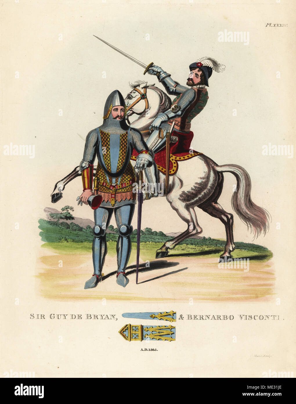 Sir Guy de Bryan, First Baron Bryan, English military commander and admiral, 1319-1390, and Bernarbo Visconti, Lord of Milan, Italian soldier and statesman, 1354-1385. Guy de Bryan wears mixed armour of chainmail and plate, short hauberk, brass elbow vandykes, gauntlets, chausses, and bassinet with camail. Visconti wears mixed armour, with chainmail hauberk and cuisses, genouillieres, jambs or steel boots and spurs. Handcoloured lithograph after an illustration by S.R. Meyrick from Sir Samuel Rush Meyrick's A Critical Inquiry into Antient Armour, John Dowding, London, 1842. Stock Photo