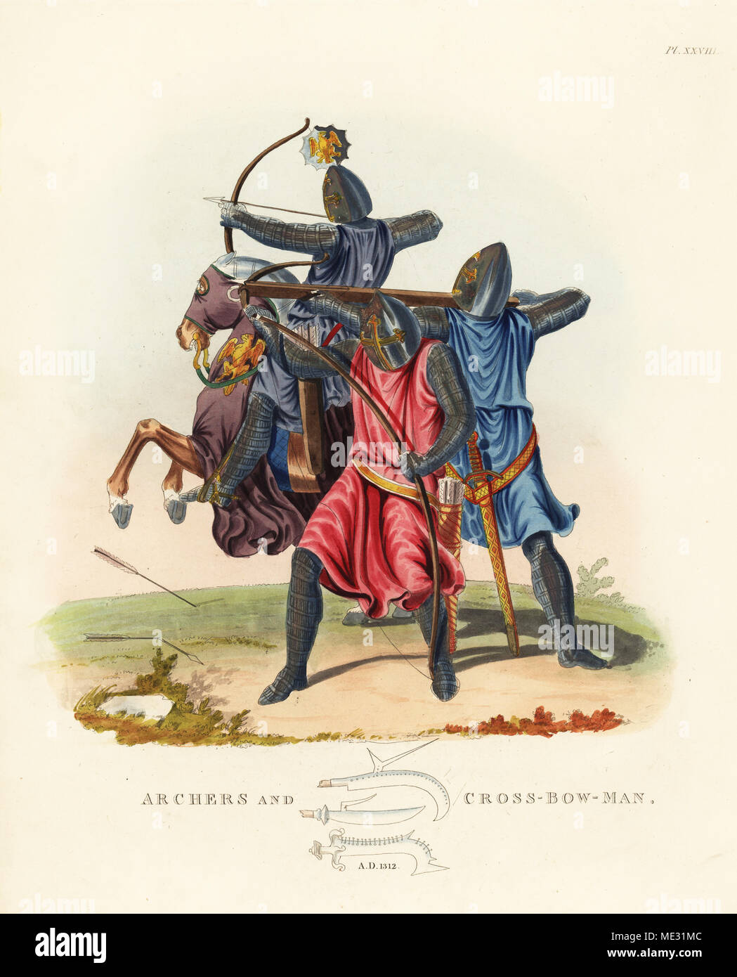 Archers and crossbowman, 1312. Mounted archer shooting, longbowman