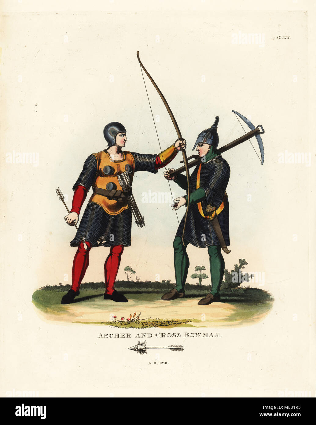 Archer and crossbow man, 1250. English longbowman in skullcap helmet cerebrerium, hauberk, leather breastplate and arrows in a girdle. The crossbowman or arbalister wears a nasal helmet and hauberk and carries a short sword baselard. Handcoloured lithograph after an illustration by S.R. Meyrick from Sir Samuel Rush Meyrick's A Critical Inquiry into Antient Armour, John Dowding, London, 1842. Stock Photo