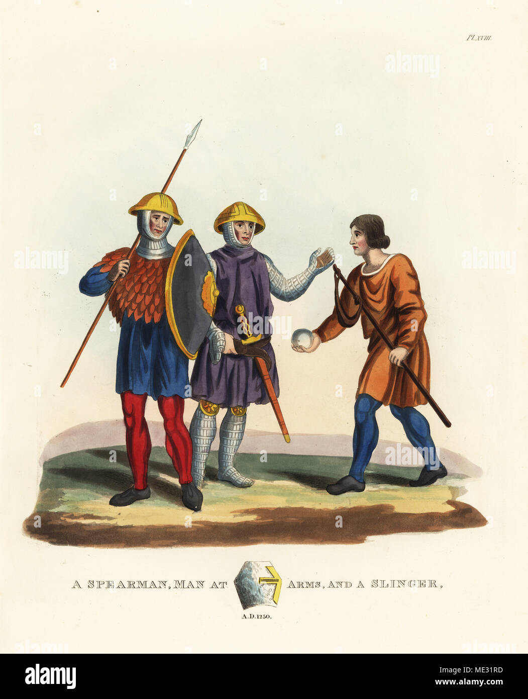 A spearman, man at arms and slinger, 1250. English infantry, 13th century. Spearman and soldier wear bowl helmets and chainmail armour and carry lance, shield and sword, and the slinger carries a rock and slingshot. Handcoloured lithograph after an illustration by S.R. Meyrick from Sir Samuel Rush Meyrick's A Critical Inquiry into Antient Armour, John Dowding, London, 1842. Stock Photo