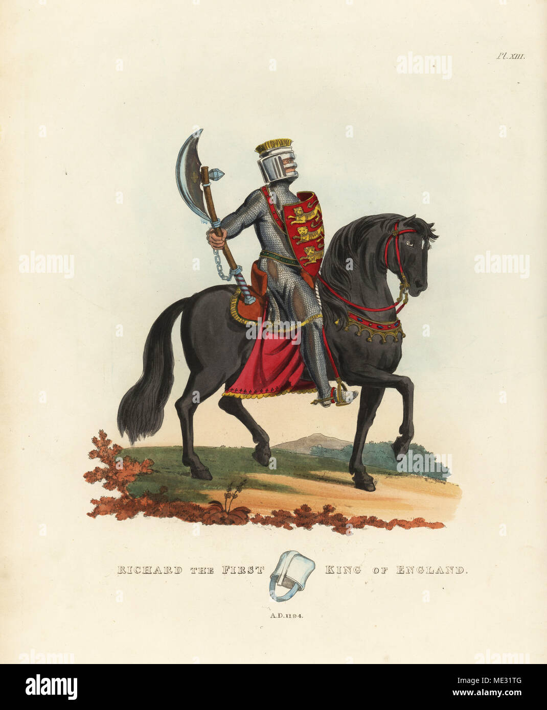 Richard I, King of England, Richard the Lionheart, 1194. He wears a cylindrical helm, hauberk and chausses, holding a battle axe and shield with three lions. Handcoloured lithograph after an illustration by S.R. Meyrick from Sir Samuel Rush Meyrick's A Critical Inquiry into Antient Armour, John Dowding, London, 1842. Stock Photo