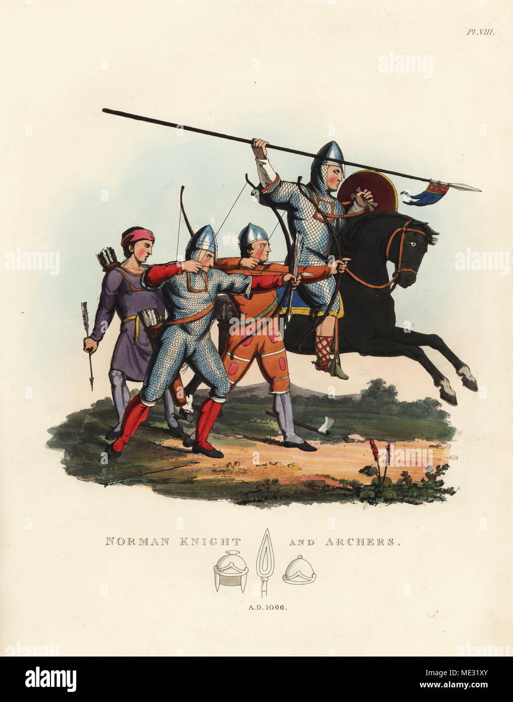 Norman knight and archers, 1066. Knight on horseback with lance wearing mascled armour and one of the bowmen in flat-ringed chainmail armour. Handcoloured lithograph after an illustration by S.R. Meyrick from Sir Samuel Rush Meyrick's A Critical Inquiry into Antient Armour, John Dowding, London, 1842. Stock Photo