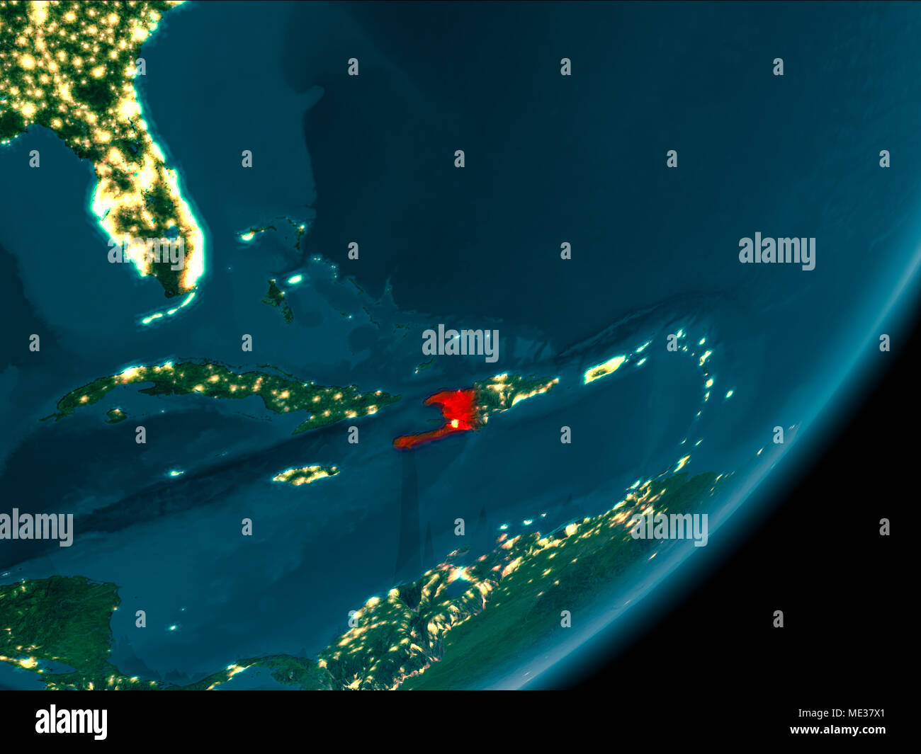 Night view of Haiti highlighted in red on planet Earth with atmosphere ...